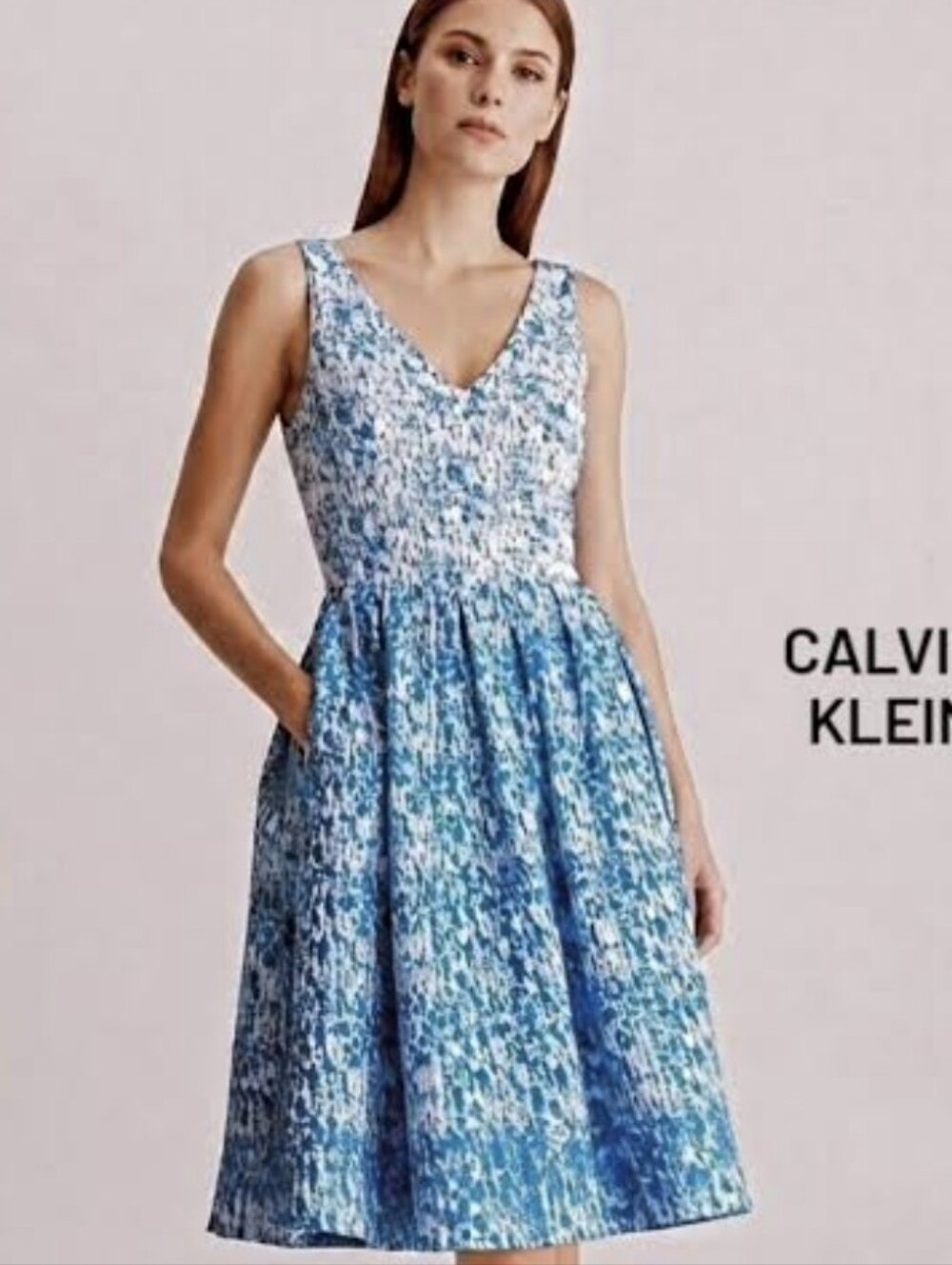 Calvin Klein Blue and White Printed V-Neck Casual Dress